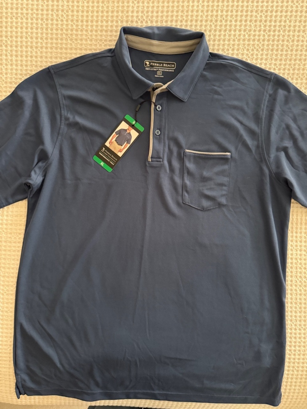 Pebble Beach Navy Blue Men's Polo with Chest Pocket and Contrast Trim